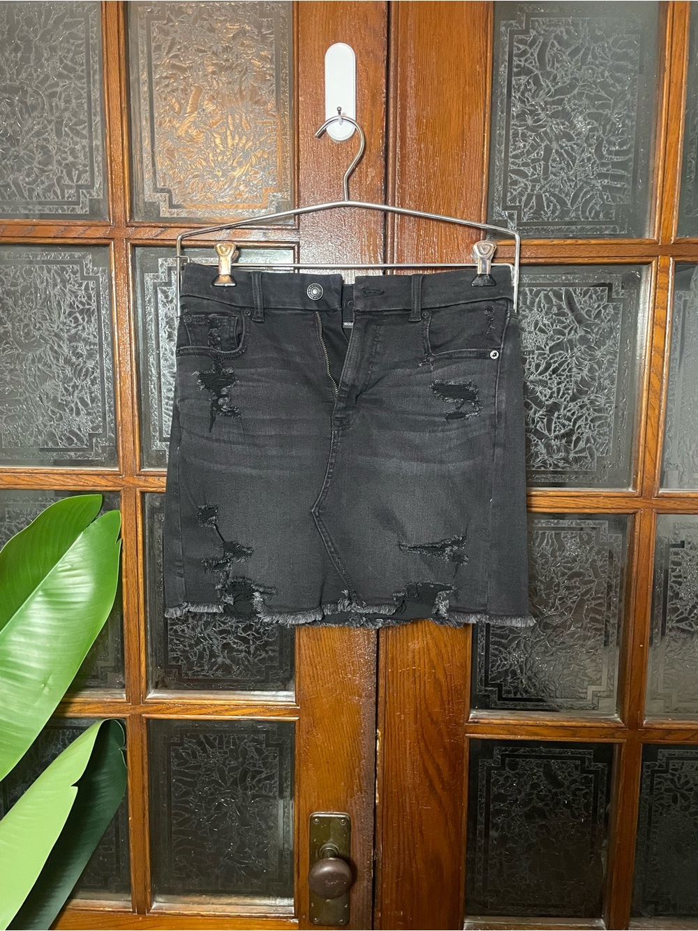 American Eagle Black Distressed Denim Mini Skirt